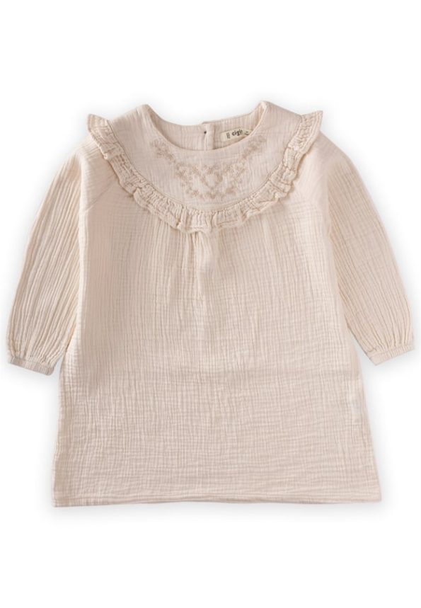 Embroidered Muslin Dress for Ages 2-8 Cream
