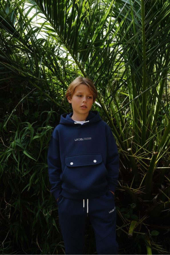 Boys' Cotton Navy Blue Hooded Printed Tracksuit