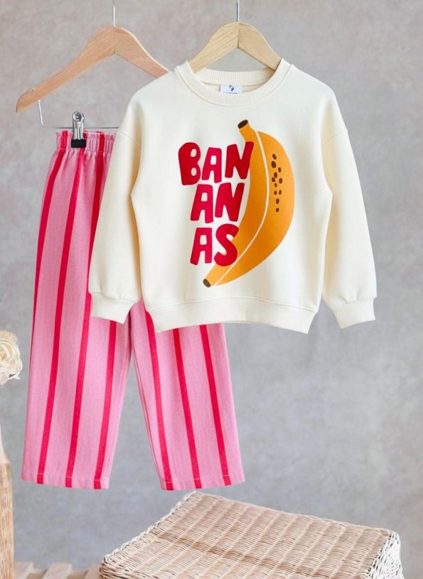 Girls' Cotton Ecru Banana Print Sweatshirt and Pink Striped Pants Set