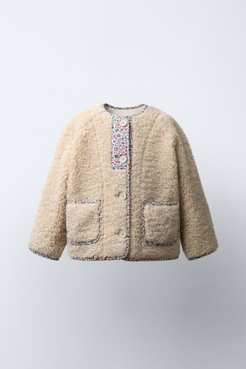 Faux Shearling Jacket with Floral Piping