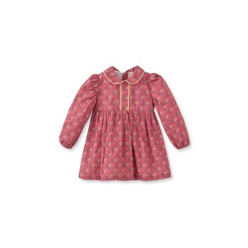 Pink Cotton Dress with Flower Pattern and Velvet Trim for Girls