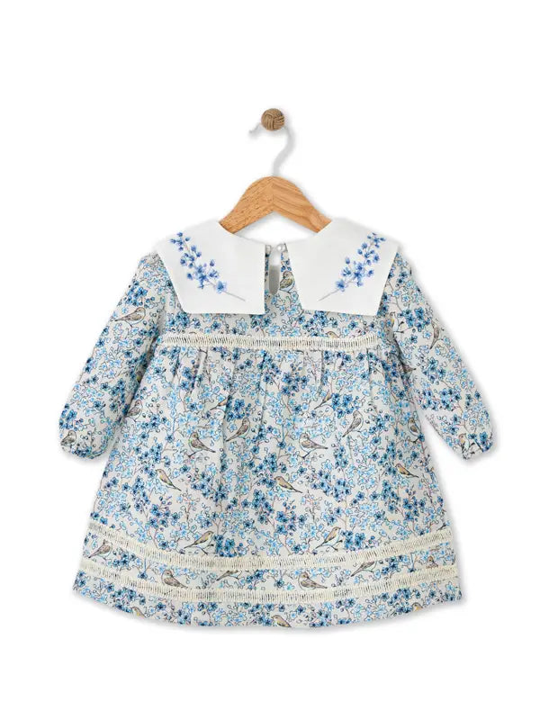 056.jpg Bloomy Spring Patterned Long Sleeve Blue Dress for Girls