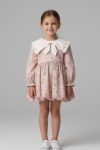 Girls' Cotton Blush Floral Dress - Ruffled Collar, Long Sleeves, Bow Detail