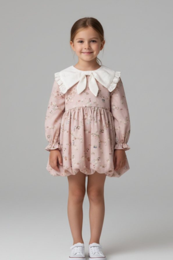Girls' Cotton Blush Floral Dress - Ruffled Collar, Long Sleeves, Bow Detail