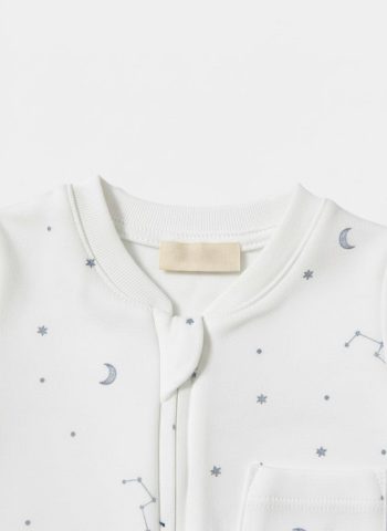 Unisex Cotton Ecru Sky Pattern Long Sleeve Zip-Up Romper – Moon and Star Print