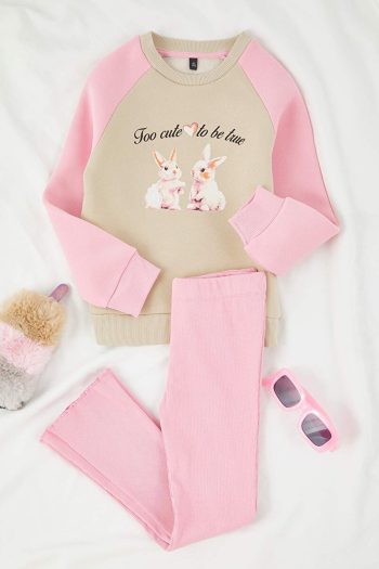 Trendyolmilla Kids Beige Color Block Printed Thick Oversized Knit Set for Girls