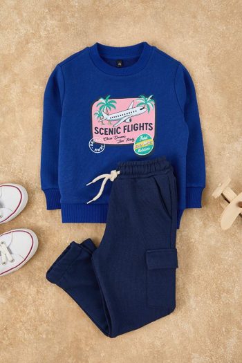 Trendyolmilla Kids Blue Cotton Slogan Print Boys' Regular Knit Outfit