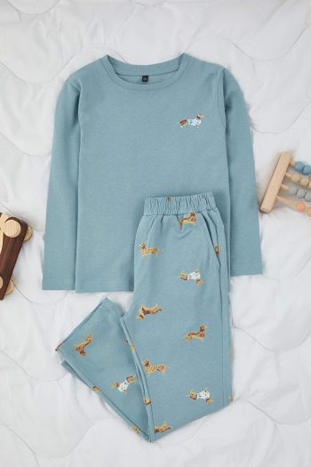 Trendyolmilla Kids Blue Cotton Animal Print Pajama Set