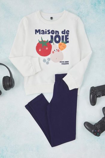Trendyolmilla Kids Cream Slogan Printed Crew Neck Regular Girls' Knit Set