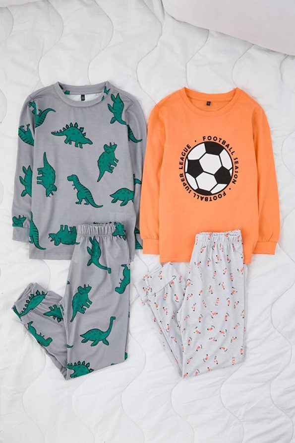 Trendyolmilla Kids Salmon-Grey Boys' 4-Piece Printed Pajama Set