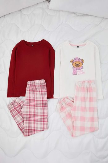 Trendyolmilla Kids Burgundy-Pink 4-Piece Checkered Pajama Set