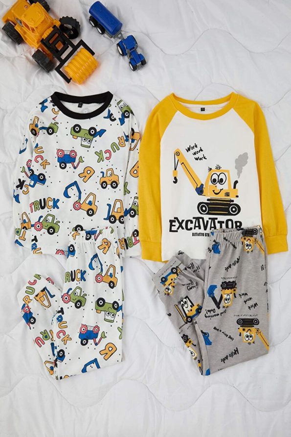Trendyolmilla Kids Cream-Yellow Printed 4-Piece Knit Boys Pajama Set