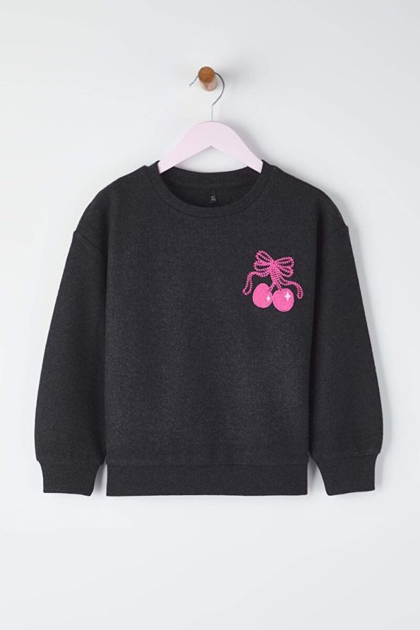 Trendyolmilla Kids Anthracite Cotton Printed Oversized Girls' Knit Sweatshirt