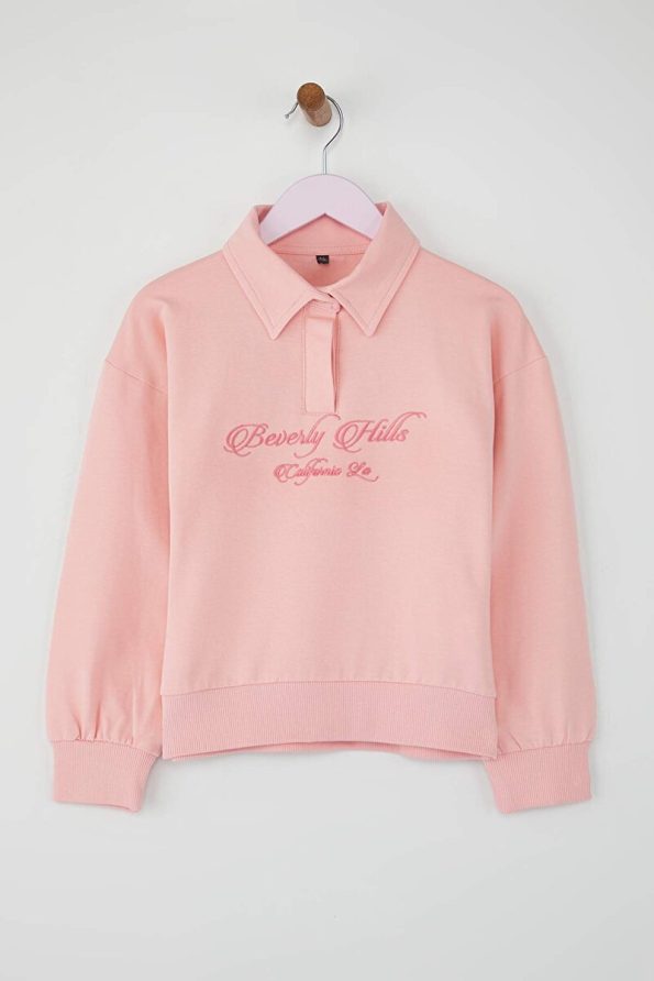 Trendyolmilla Kids Pink 100% Cotton Slogan Printed Polo Collar Oversized Knit Girls' Sweatshirt