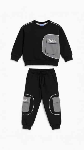 Boys' Cotton Black and Gray Pocketed Paris Printed Tracksuit - Modern Two-Piece Set