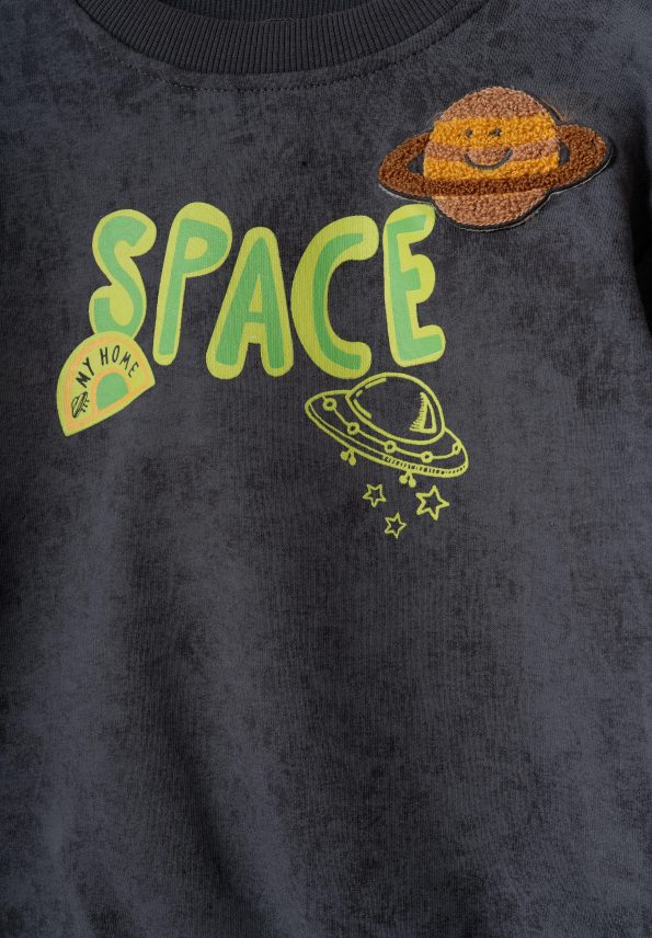 Boys' Cotton Charcoal Space-Themed Tracksuit - Planet and Rocket Print