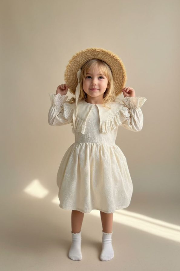 Girls' Cotton Cream Lace Ruffle Collar Long Sleeve Dress - Elegant Wedding & Special Occasion Style