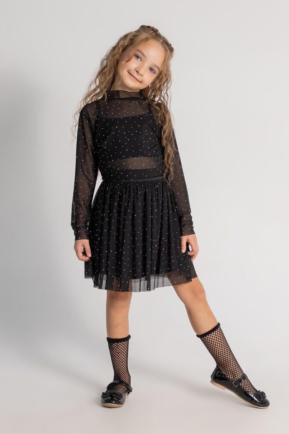 Girls' Black Tulle Polka Dot Long Sleeve Dress Set - Elegant Party & Special Occasion Design