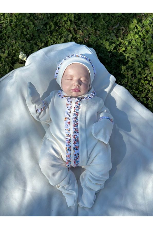 Mama Miel Baby Mini Floral Fabric Cream Newborn Romper and Ruffled Hat
