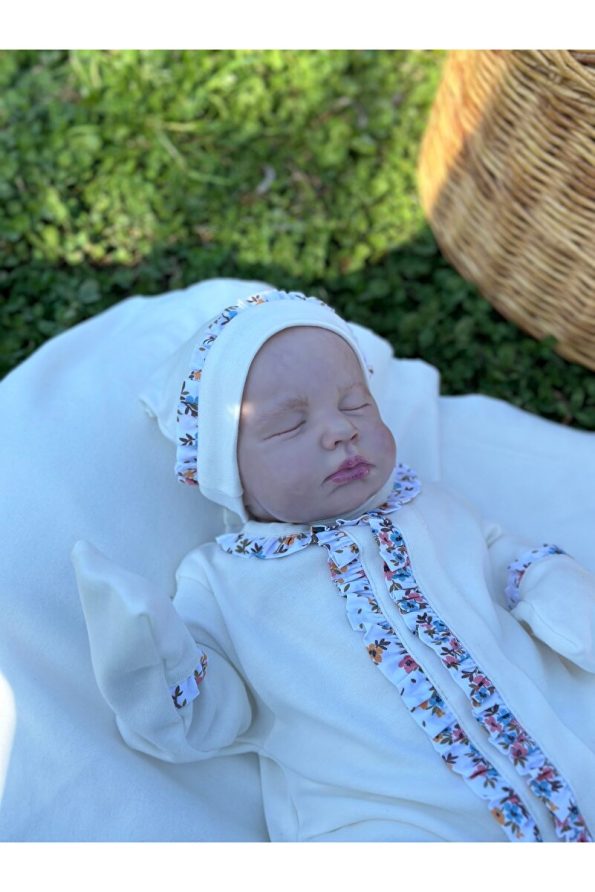 Mama Miel Baby Mini Floral Fabric Cream Newborn Romper and Ruffled Hat