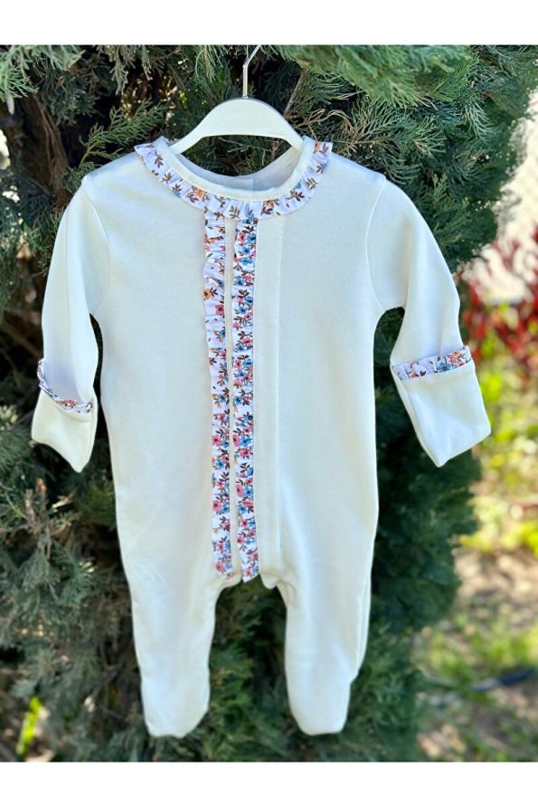 Mama Miel Baby Mini Floral Fabric Cream Newborn Romper and Ruffled Hat