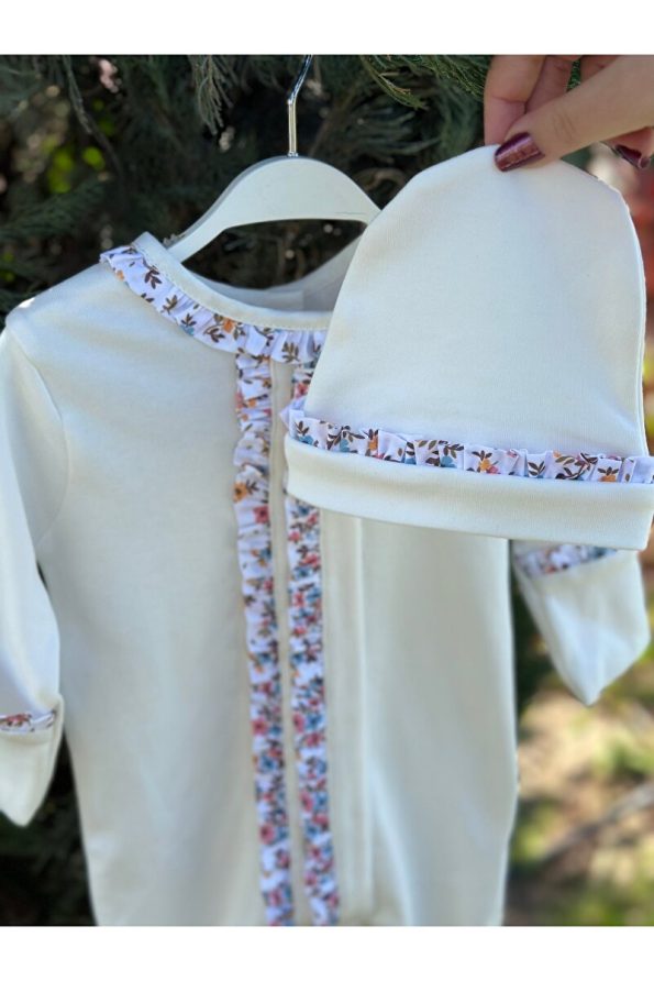 Mama Miel Baby Mini Floral Fabric Cream Newborn Romper and Ruffled Hat