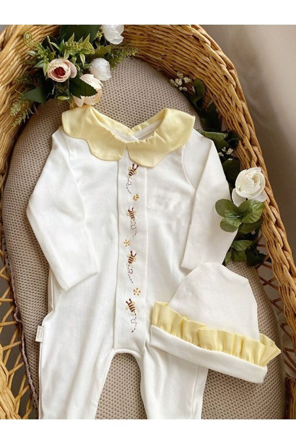 Mama Miel Baby Girls Embroidered Bee Newborn Romper and Hat Set