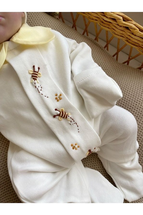 Mama Miel Baby Girls Embroidered Bee Newborn Romper and Hat Set