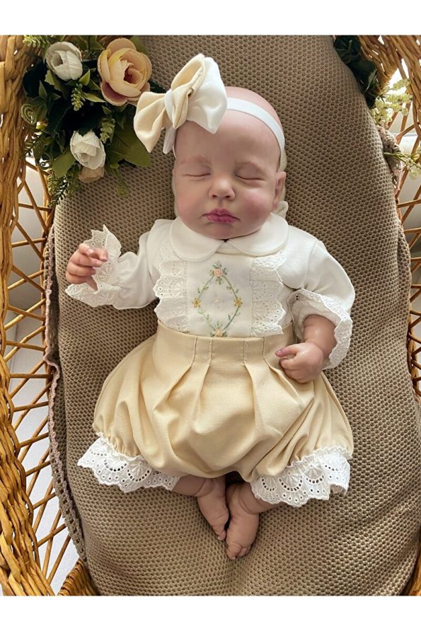 Mama Miel Baby Milk Coffee Frill Shorts and Ecru Handmade Bodysuit Bandana Set