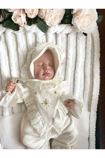 Mama Miel Baby Floral Embroidered V-Neck Newborn Romper and Hat Set