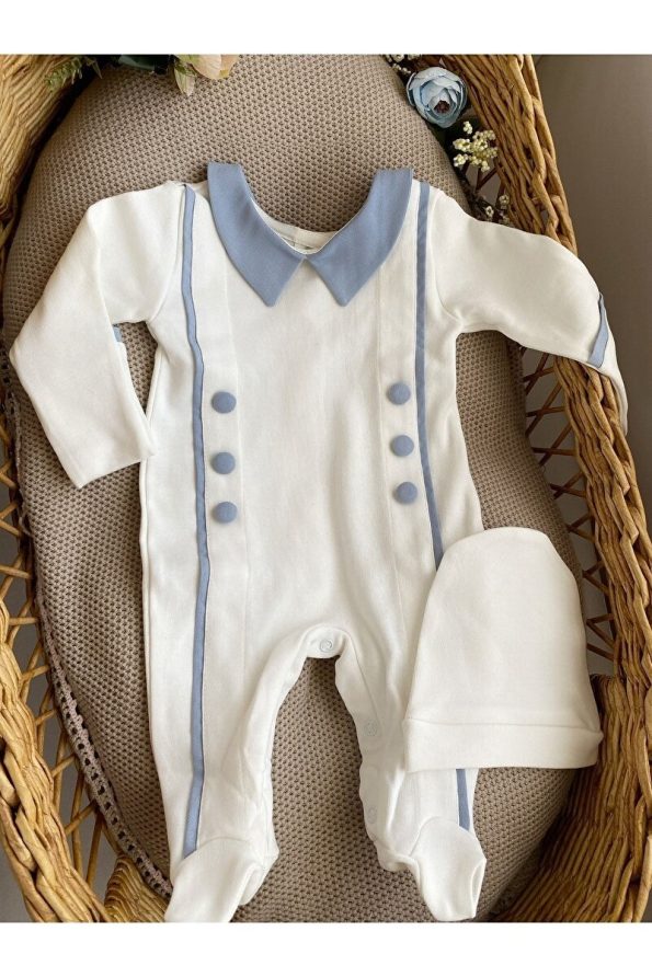Mama Miel Baby Blue Button-Up Romper and Hat