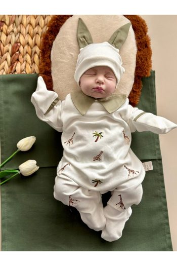 Mama Miel Baby Minimal Giraffe Embroidered Romper and Hat Set / Olive
