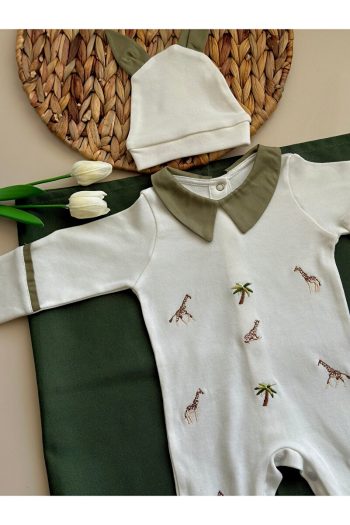 Mama Miel Baby Minimal Giraffe Embroidered Romper and Hat Set / Olive