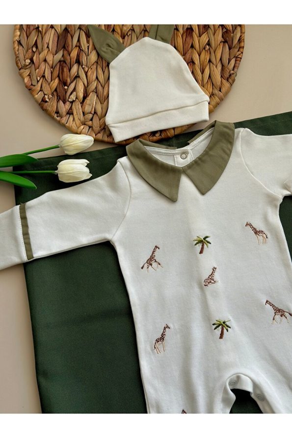 Mama Miel Baby Minimal Giraffe Embroidered Romper and Hat Set / Olive