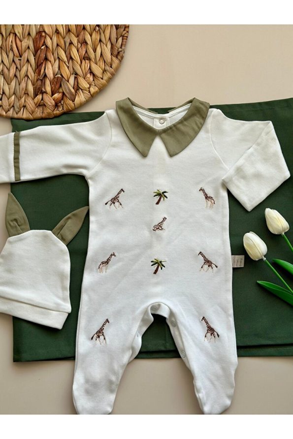 Mama Miel Baby Minimal Giraffe Embroidered Romper and Hat Set / Olive