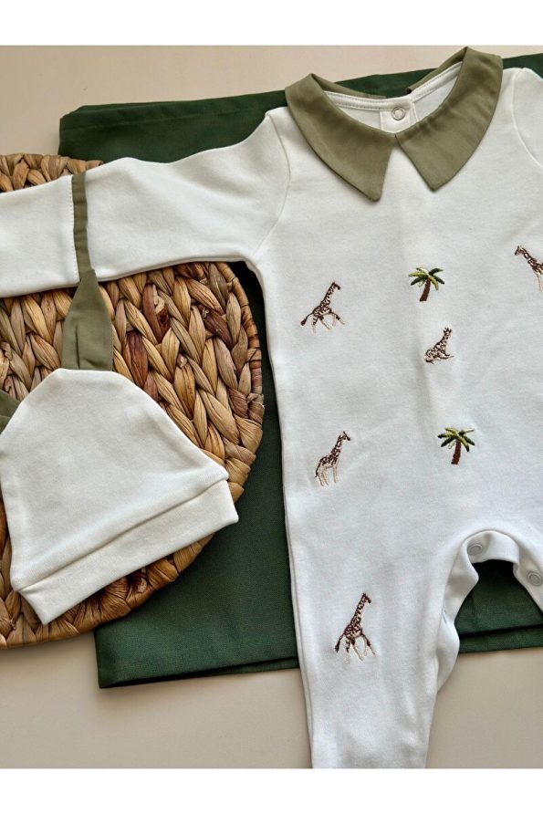 Mama Miel Baby Minimal Giraffe Embroidered Romper and Hat Set / Olive