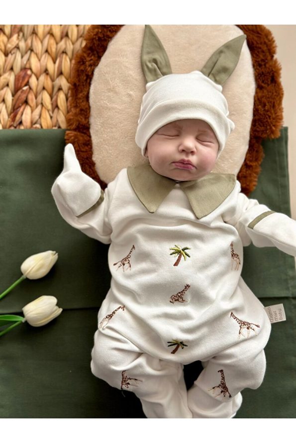 Mama Miel Baby Minimal Giraffe Embroidered Romper and Hat Set / Olive