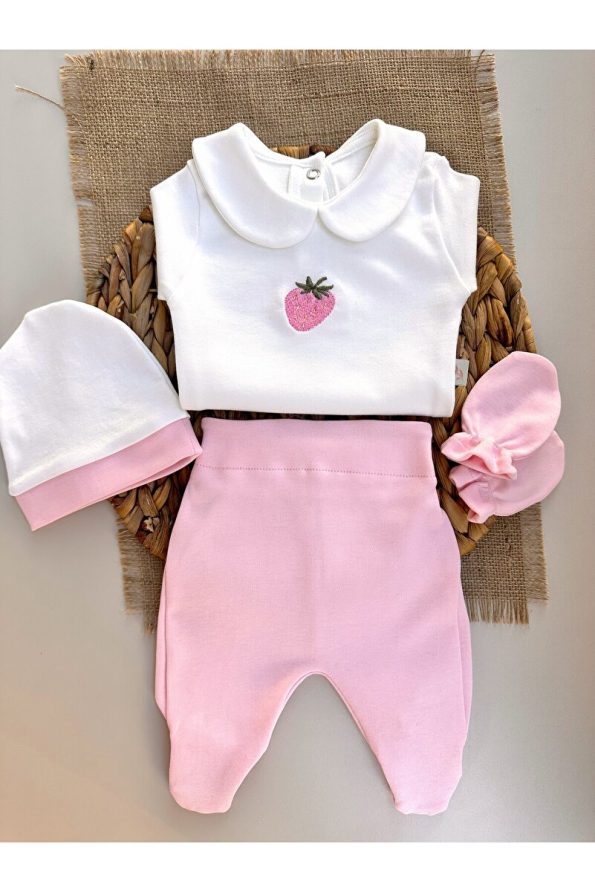 Mama Miel Baby Pink Strawberry Embroidered Hospital Set