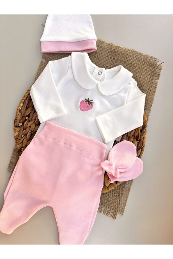 Mama Miel Baby Pink Strawberry Embroidered Hospital Set