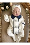 Mama Miel Baby Navy Blue Fabric Detailed Blue Handmade Bear Embroidery Overall with Striped Beanie