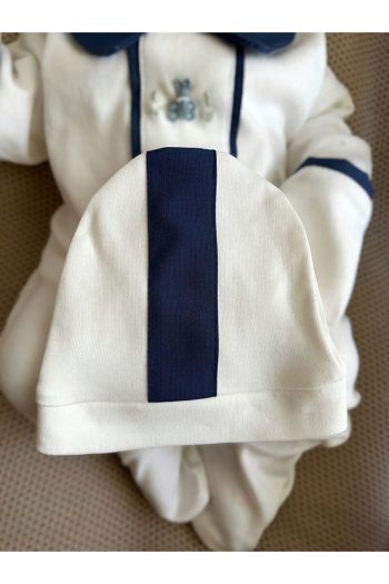 Mama Miel Baby Navy Blue Fabric Detailed Blue Handmade Bear Embroidery Overall with Striped Beanie