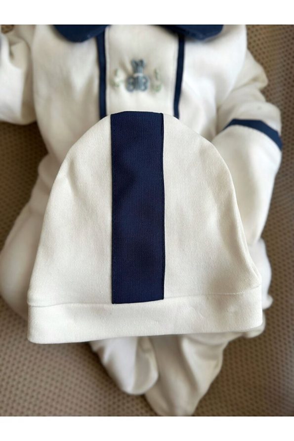 Mama Miel Baby Navy Blue Fabric Detailed Blue Handmade Bear Embroidery Overall with Striped Beanie