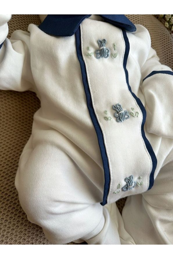 Mama Miel Baby Navy Blue Fabric Detailed Blue Handmade Bear Embroidery Overall with Striped Beanie