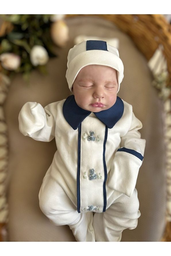 Mama Miel Baby Navy Blue Fabric Detailed Blue Handmade Bear Embroidery Overall with Striped Beanie