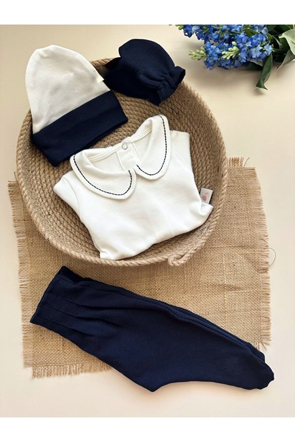 Mama Miel Baby Navy Hospital Exit Set (Bodysuit, Pants, Hat, Mittens)