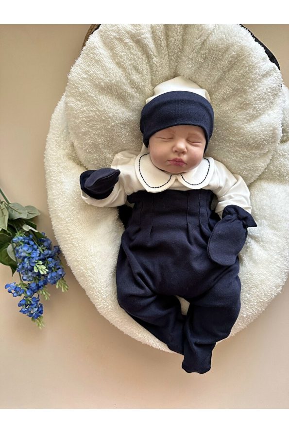 Mama Miel Baby Navy Hospital Exit Set (Bodysuit, Pants, Hat, Mittens)