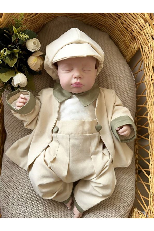 Mama Miel Baby Milk Coffee Jacketed Olive Green Button Detail Jumpsuit and Cap