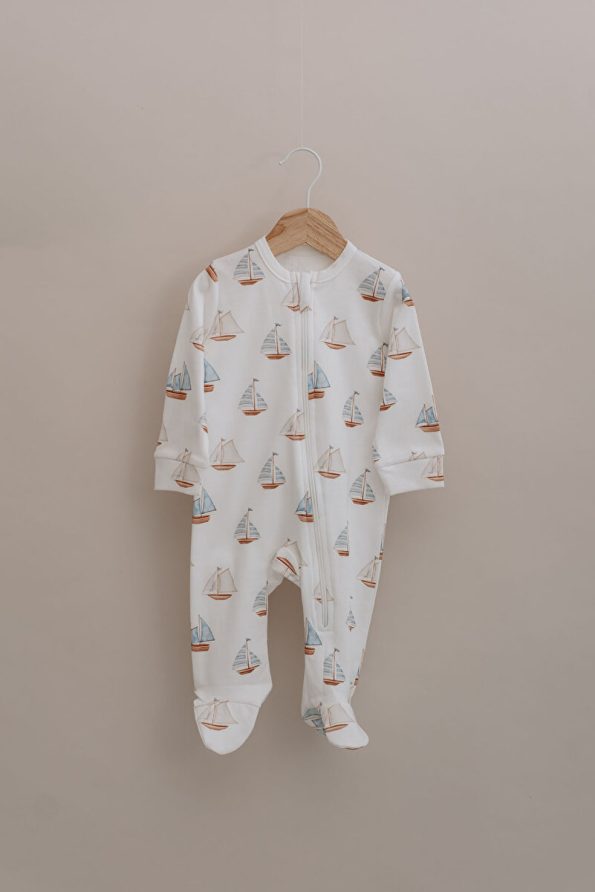 Tuğba Swan Zippered Baby Jumpsuit - Pureline Series - Sail Boats