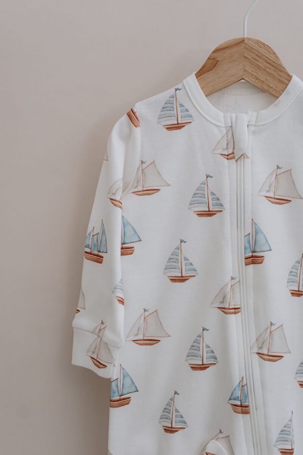 Tuğba Swan Zippered Baby Jumpsuit - Pureline Series - Sail Boats