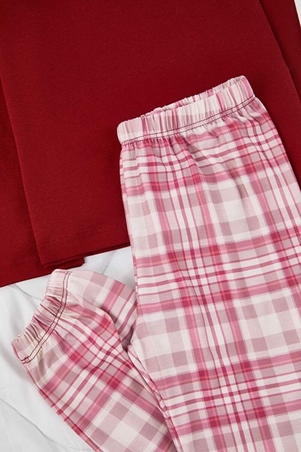 Trendyolmilla Kids Burgundy-Pink 4-Piece Checkered Pajama Set